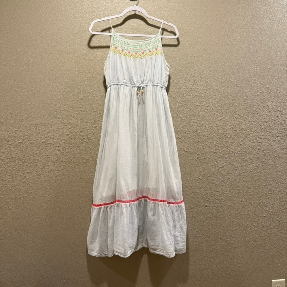 Cat & Jack Maxi Dress Girls XL Blue Pinstripe Embroidered Boho Ruffle Hem Summer